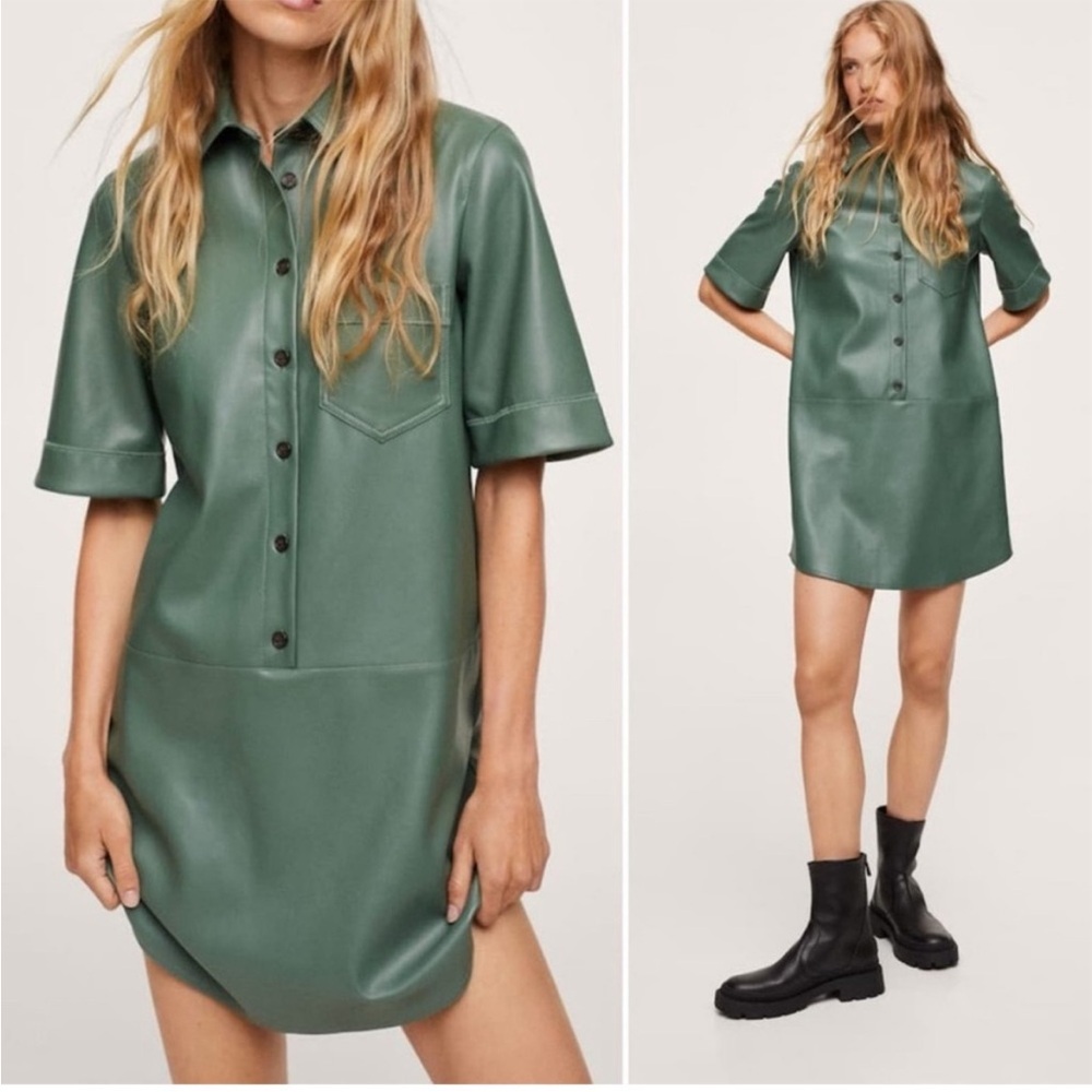 Mango Green Faux Leather Short Sleeve Dress with Collar and Buttons Size 6 NWT